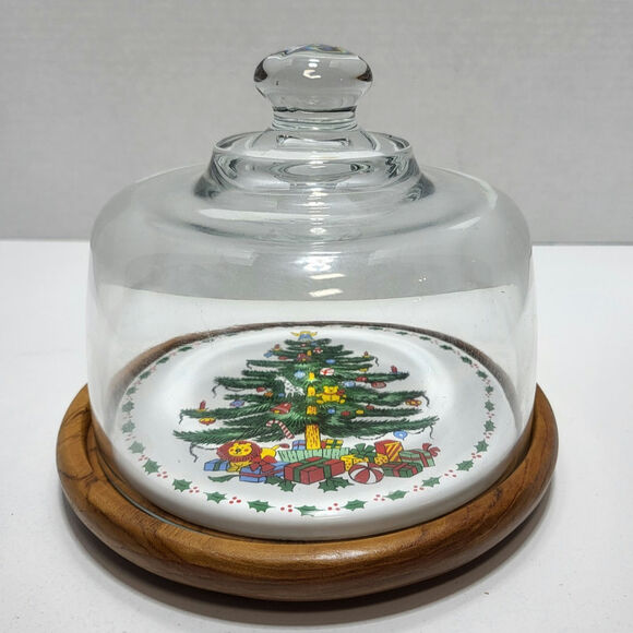 Towle Christmas Tree Holiday Cheese Board Server Teakwood Plate w/Glass Dome VTG - Picture 4 of 10